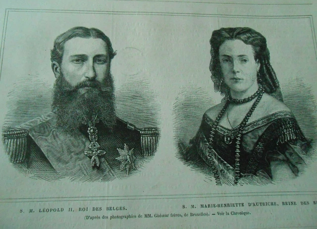 Gravure 1878 - Léoplod II Roi des Belge et Marie Henriette d'Autriche