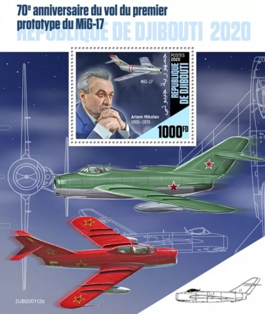 Mikoyan-Gurevich MiG-17 Fresco Fighter Aircraft Stamp Sheet (2020 Djibouti)