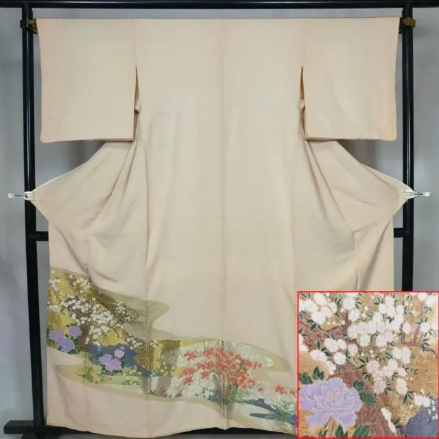 Japanese Kimono robe Irotomesode doress jacket Flowers embroider pattern k846