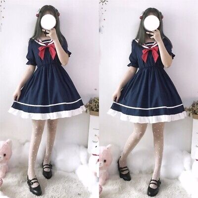 Womens Sailor Dress Sweet Preppy Student Collar Lolita Teens Girl Japanese Style