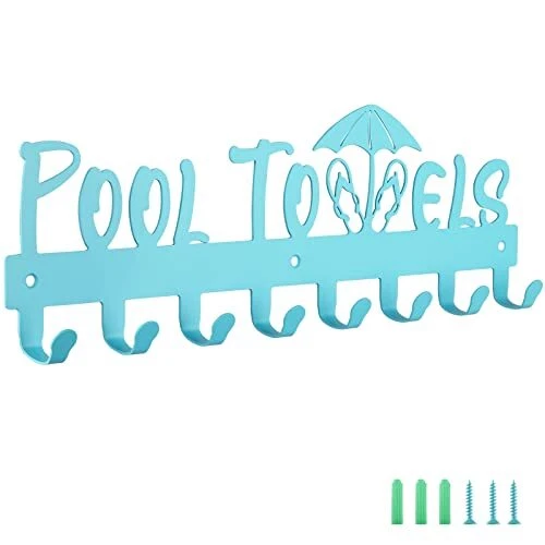 Pool Towel Rack with 8 Hooks, Wall Mounted (Blue)