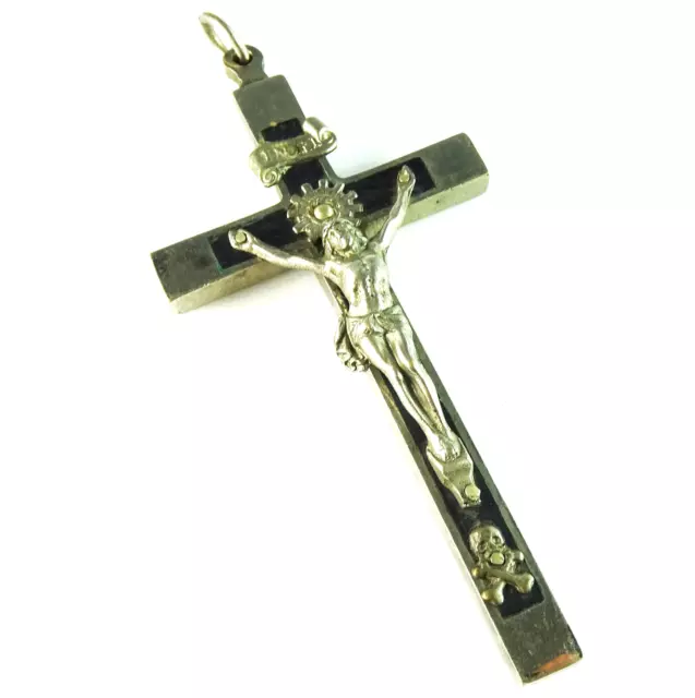 Vintage Pectoral Crucifix Black Cross Wood Inlay w Skull and Crossbones
