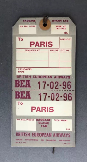 Bea British European Airway Paris Vintage Airline Bag Tag Luggage Baggage Label