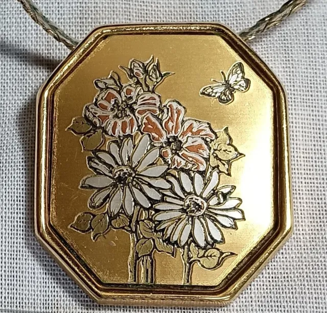 vintage Reed & Barton Damascene Flower Butterfly pendant neckace gold tone