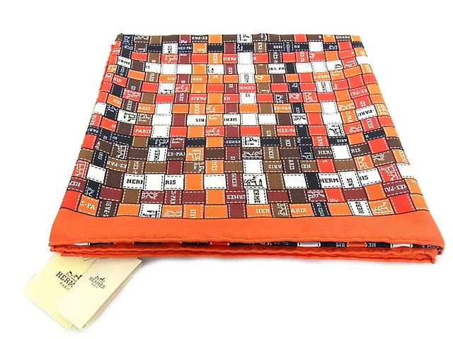 Hermes Scarf Silk 100 Women CARRES 90 Multicolor Ribbon Motif Orange Degree S