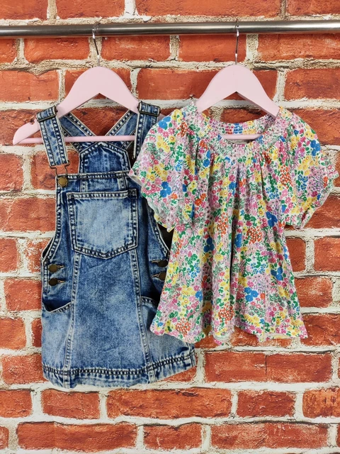 Girls Bundle Age 2-3 Years Next Floral Top T-Shirt Denim Pinafore Dress Set 98Cm
