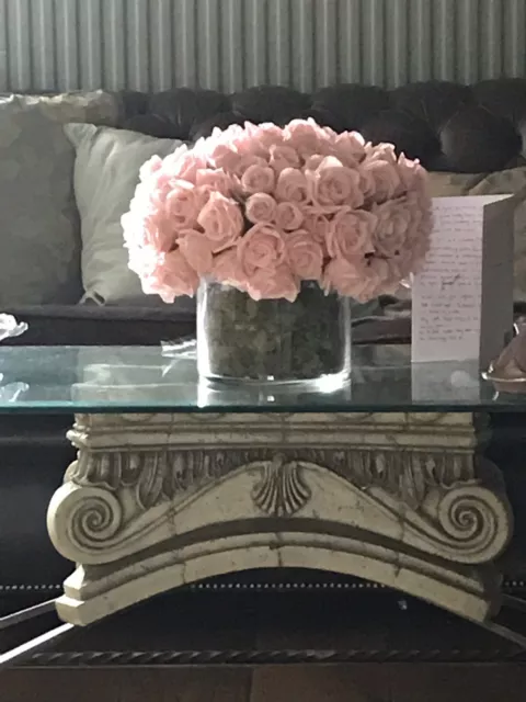 Large Pink LUXURY DOZENS of artificial faux silk roses arrangement glass vase
