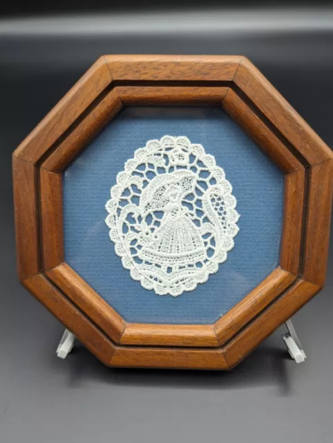 Vintage Framed Lace Crocheted Doily of Woman with Parasol 7 inch Octagonal Frame