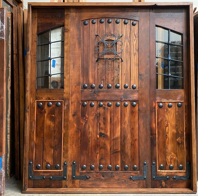 Rustic reclaimed lumber DOOR square top side lites here clear glass speakeasy