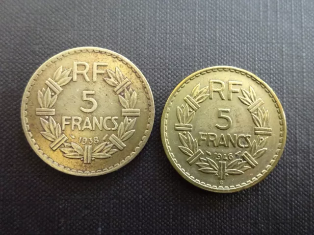 LOT de 5 FRANCS LAVRILLIER CUPRO ALUMINIUM BRONZE 1938 et 1946 C recherchées