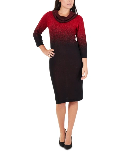 NY Collection Women's Ombre Cowlneck Sweater Dress Red Size Petite Large