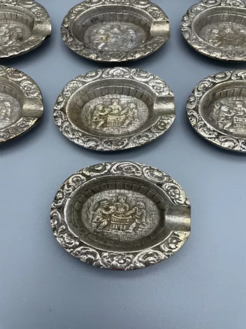 Vintage Silverplate Repousse Dutch Tavern Scene Ashtray Set of 10