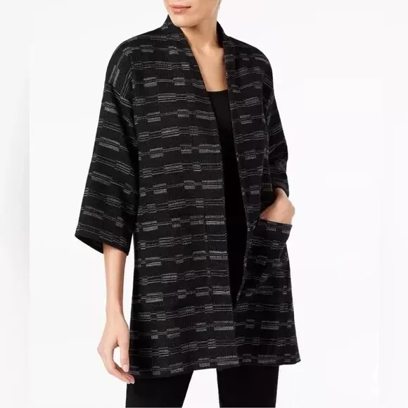 Eileen Fisher Kimono Jacket Women's XS Black White Organic Cotton Wool Blend