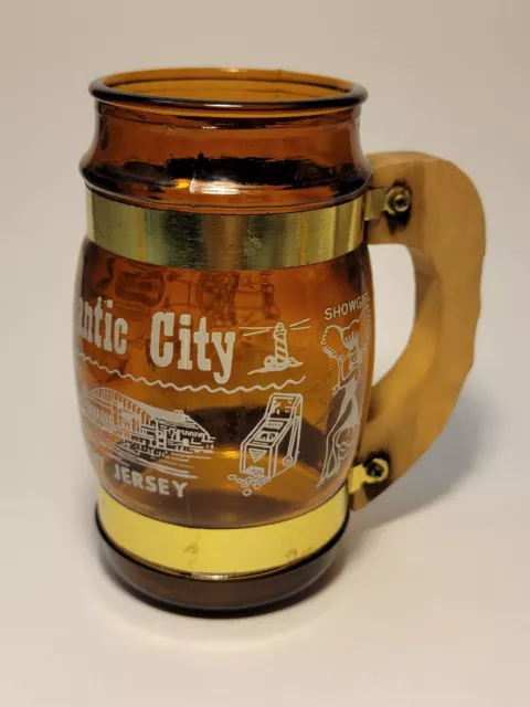 Vintage Atlantic City New Jersey Amber Glass Mug w/Wood Handle!