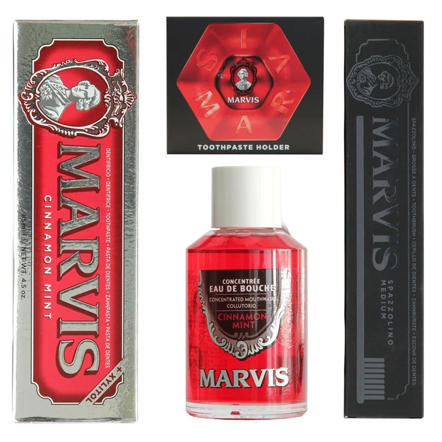 Pasta de dientes de canela Marvis 85 ml, cepillo de dientes blanco, soporte rojo + enjuague bucal 120 ml