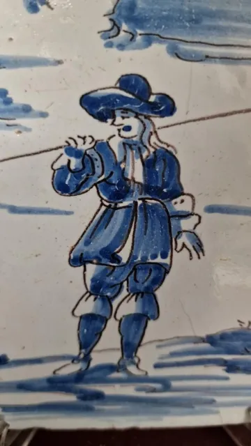 Rare Antique Dutch Delft Tile , 17 Th Century Painted Blue Cobalt, "Musketeer" ? 2
