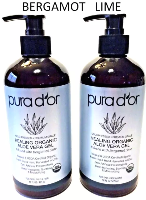 (2) PURA D'OR Dor - Organic ALOE VERA Gel - BERGAMOT LIME -16 oz - PRIORITY MAIL