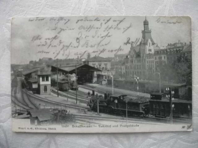 AK, Schaffhausen/Schweiz, Bahnhof und Postgebäude, gelaufen 1906