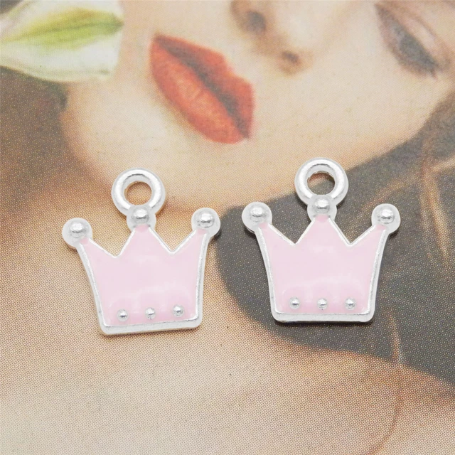 12 Stück Rosa Emaille Krone Legierung Charm Silber für Anhänger Ohrring 11x12 mm