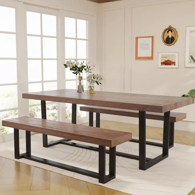 72" Brown Modern Kitchen Sturdy Solid Wood Dining Table Bench for 6-10 Person