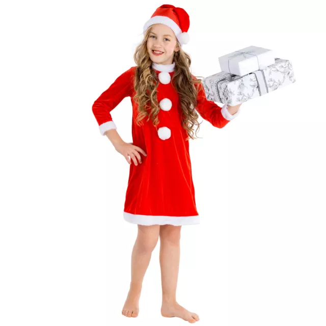 Weihnachtsmann Kostüm für Kinder Mädchen Nikolaus Mütze Weihnachtskostüm Kleid