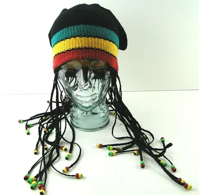 Disney World Mickey Mouse Ears Jamaican Rasta Braids Beads Beanie Hat Cornrows