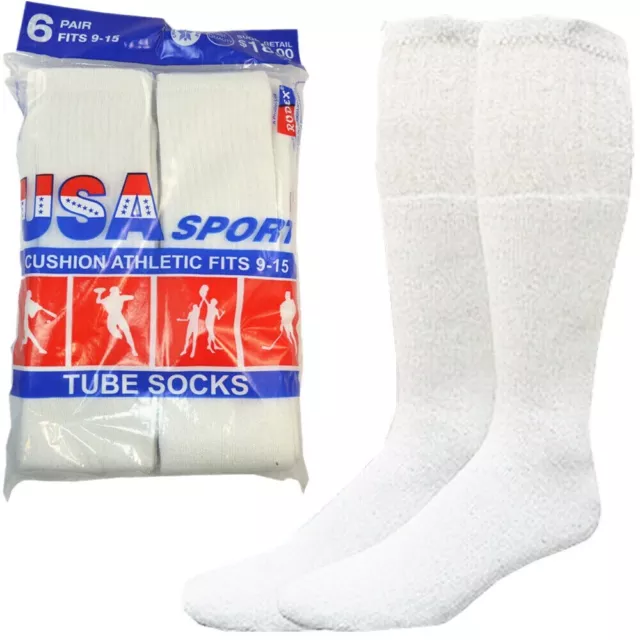 6 Paris Men's White Cotton Athletic Sports Tube Socks 30" Size 13-16 Big & Tall