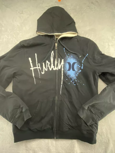 Hurley Big Logo Black Hoodie Full Zip Sherpa Lined Jacket Cotton Adult X-Large