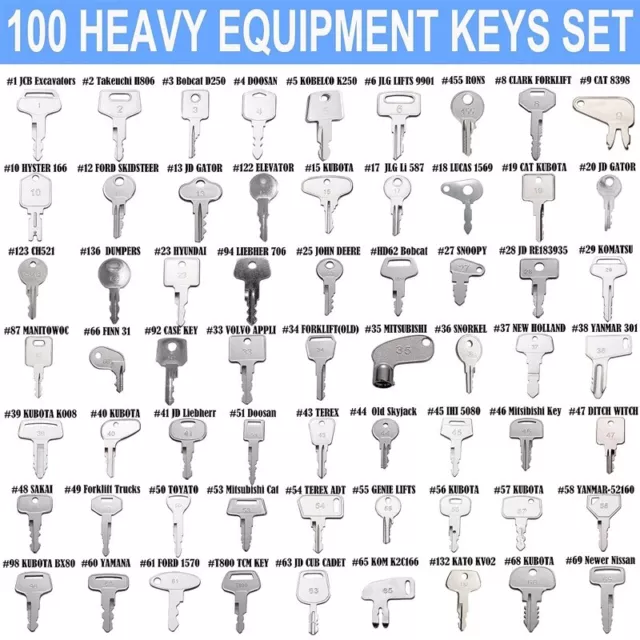 100 Heavy Construction Equipment Key CAT JCB Case Kubota Bobcat Volvo Komatsu 3