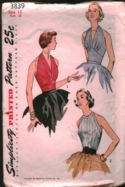 3839 Vintage Simplicity Sewing Pattern Misses 1940s Fitted Blouse Halter OOP Sew