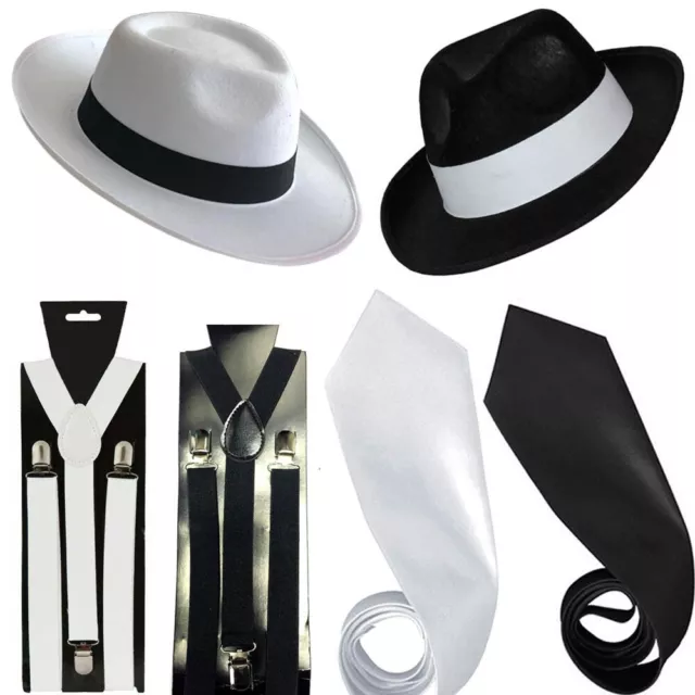 MEN GANGSTER HAT TIE BRACES SET FELT TRILBY AL CAPONE 1920's FANCY DRESS LOT