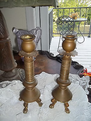 Antique Eastlake Candle Holders Lion Claw Feet 10"  Metal Old Brass Victorian