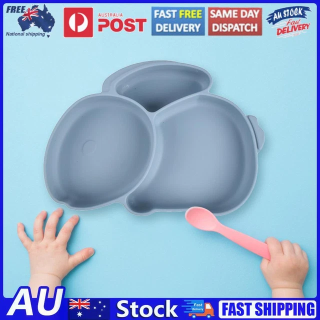 Cartoon Children Dishes Silicone Baby Feeding Dishes Baby Cutlery (Grey Blue)