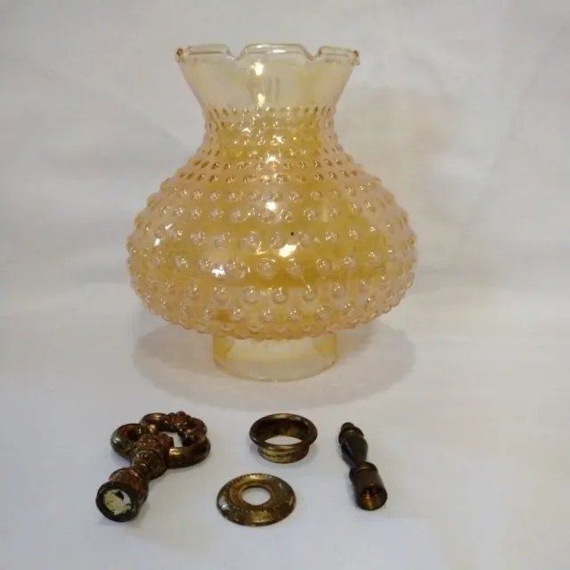 Antique 7 In Tall Amber Glass Hobnail Parlor Lamp Shade Ruffled Pie Crust Rim