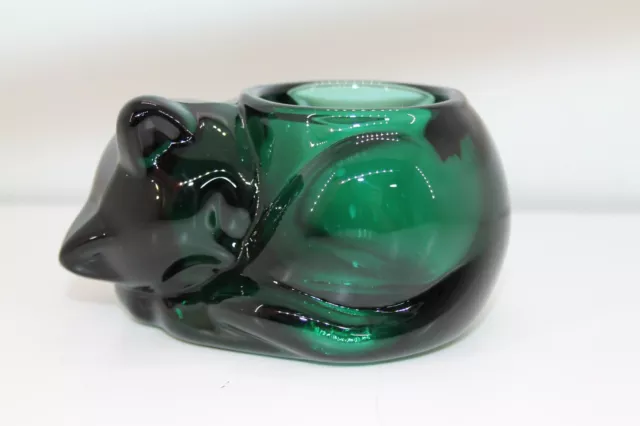 Vintage? Indiana Glass Sleeping Kitty Cat Emerald Green Candle Votive Holder