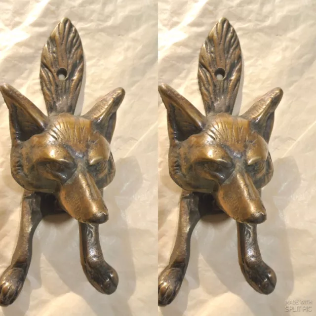 2 small FOX head old heavy front Door Knocker SOLID BRASS vintage old style B