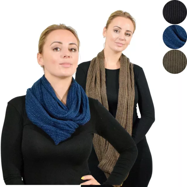 BasicSense Ladies Knitted Snood With Glitter Wrap Neck Scarf