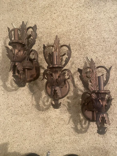 Set of 3 Vtg Provincial Bronze Electric Candle Wall Sconce Lights