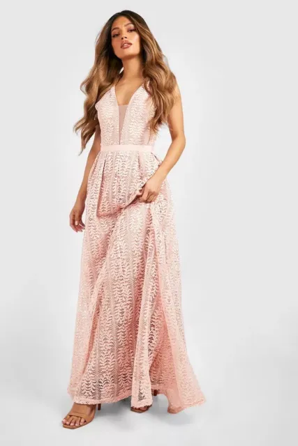 NWT Boohoo Boutique Lace Plunge Bridesmaid Maxi Dress In Pink Size Medium