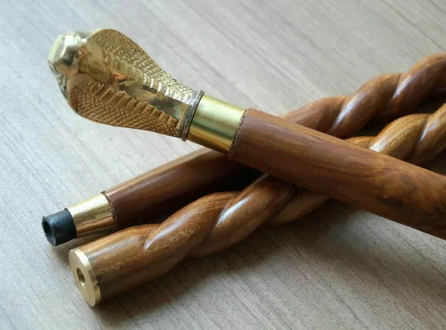 Designer Brass Solid Snake head Handle Vintage Wooden Walking Stick Shaft Cane