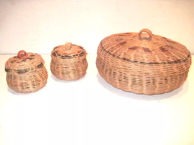 3 Piece Vintage Asian Oriental Antique Sewing Storage Basket With Lids - Vgc!