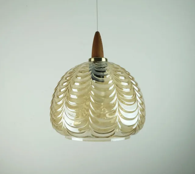 1960's mid century PENDANT LIGHT amber glass brass wood