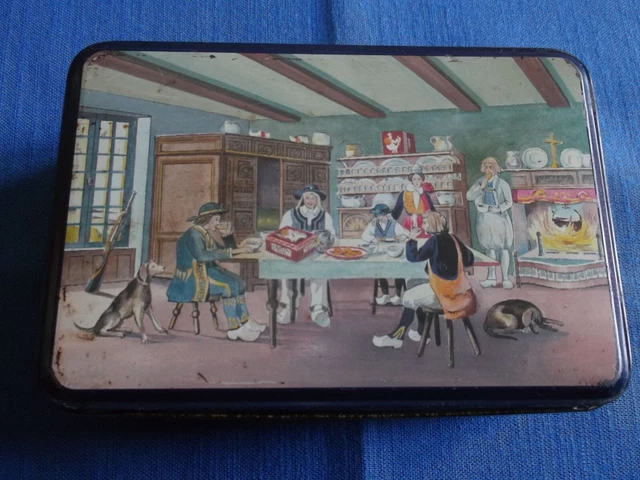 ANCIENNE BOÎTE À biscuits, coffret en tôle lithographiée (Scène du Moyen Age) EUR 13,20