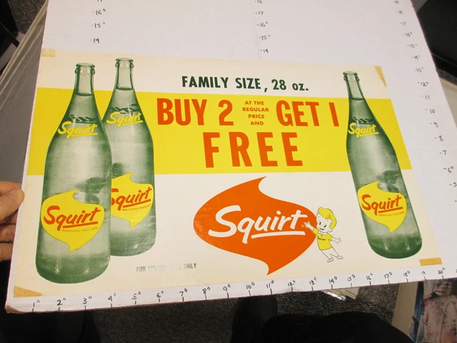 SQUIRT soda 1960s store display sign poster 2,1 free 28oz bottle FAMILY SIZE #2
