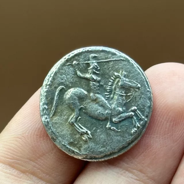 Very Unique Ancient Greek Soldier On Horse Silver Coated Coin