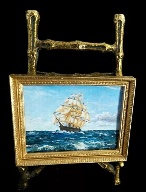 Minature Oil Painting Ship Framed Sets On Easel Signed By Artist
