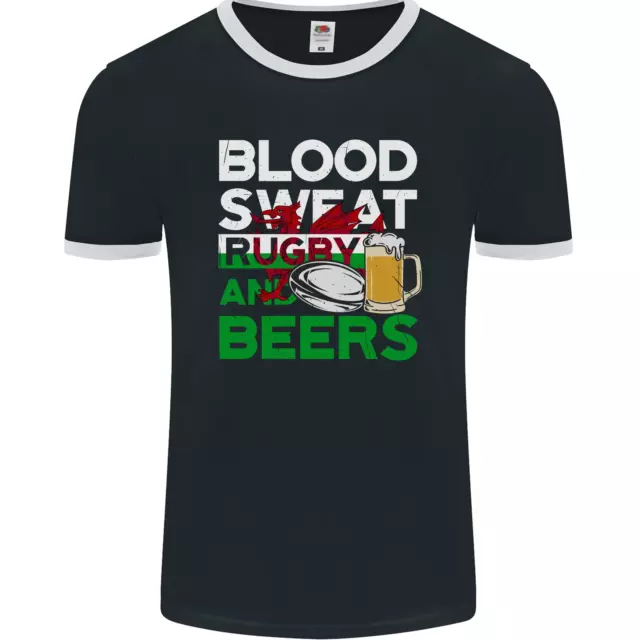 Maglietta Blood Sweat Rugby e Birre Galles Divertente Uomo Ringer FotoL