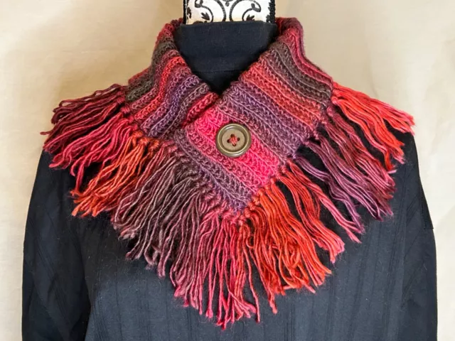 NECK WARMER SCARF Fall Colors Crochet Knit Decorative Button Winter Cowl Fringe