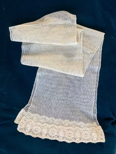 Antique Lace Edged Long Shawl Or Stole, 180 X 22 - 29 Cm