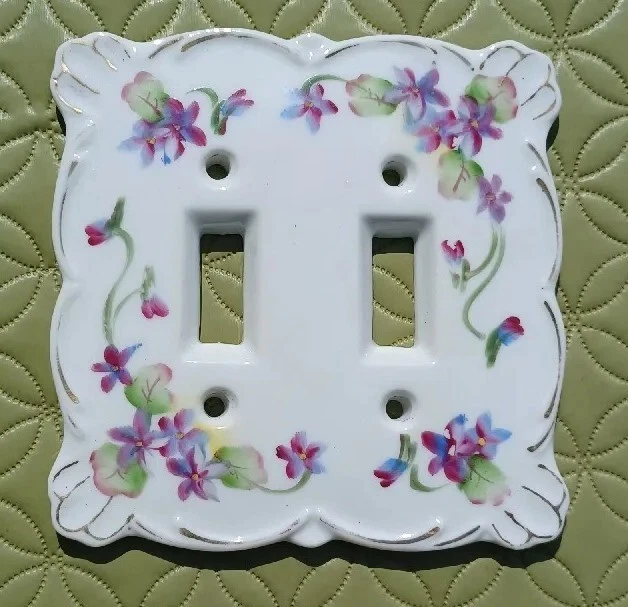 Vintage Double Switch cover plate Kevin's Fine China 1950's Purple Flowers